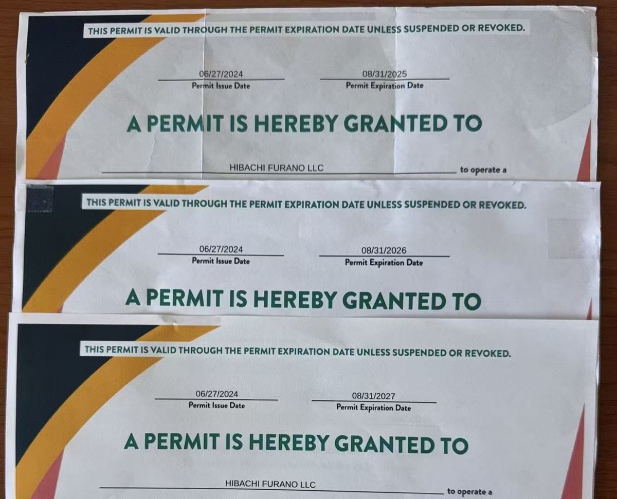 Hibachi Furano restaurant permits showing annual licensing
