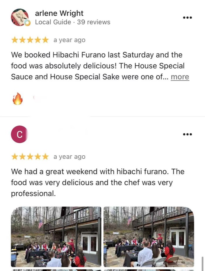 Five-star Google reviews including Arlene Wright with backyard hibachi event photos