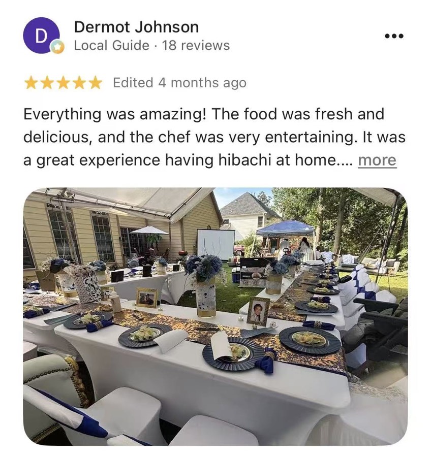 Five-star Google review from Dermot Johnson with a private hibachi event photo