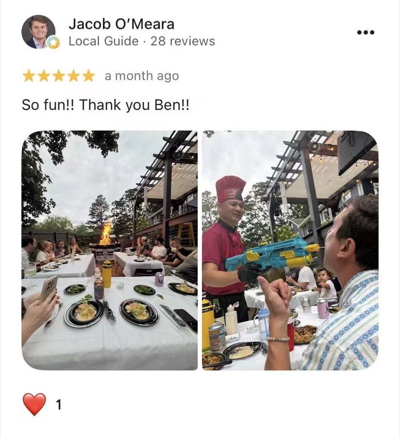 Five-star Google review from Jacob O’Meara with photos from an Atlanta hibachi at home event