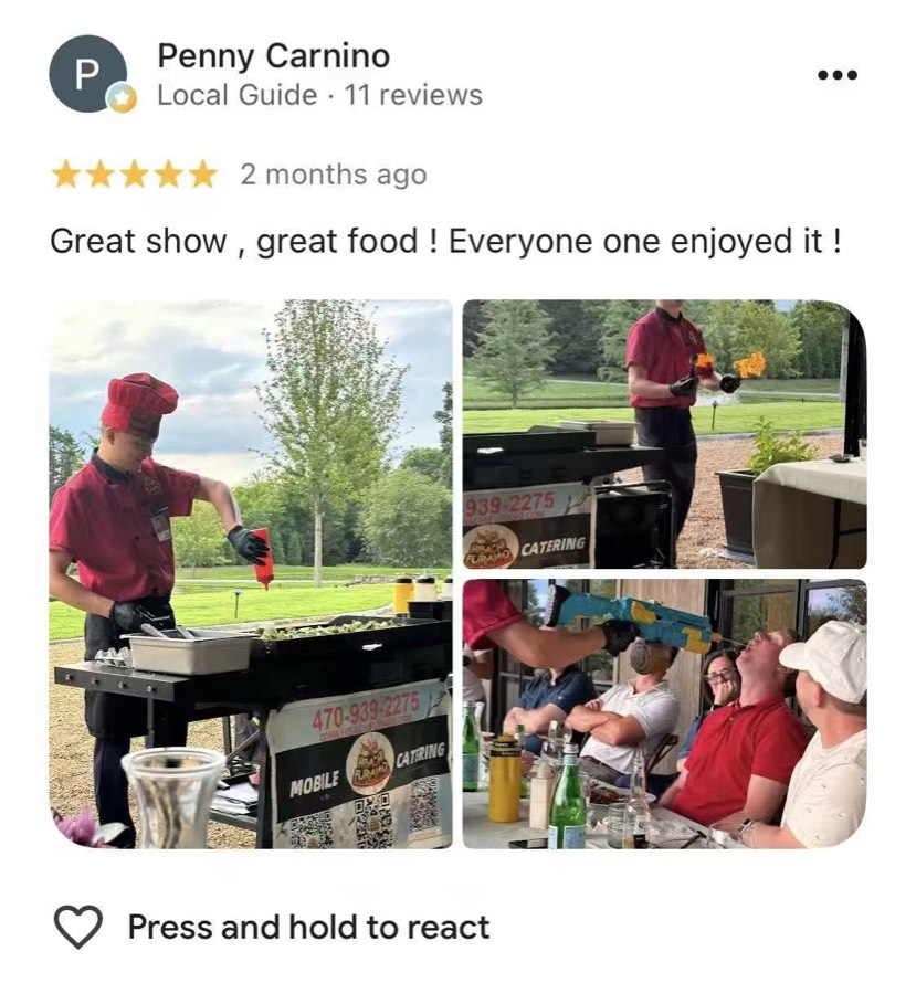 Five-star Google review from Penny Carnino with photos of an Atlanta hibachi chef performing